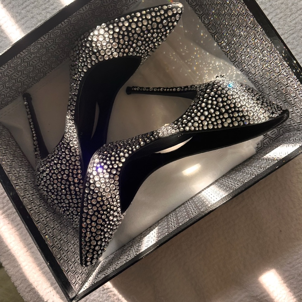 Philipp Plein Black and Silver Crystal Heels